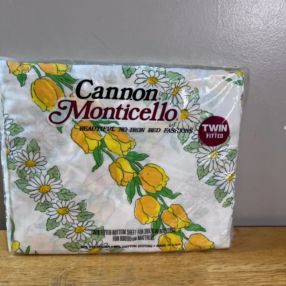 Vtg Cannon Monticello Twin Fitted Sheet Yellow Floral Daffodil Daisy NIP USA